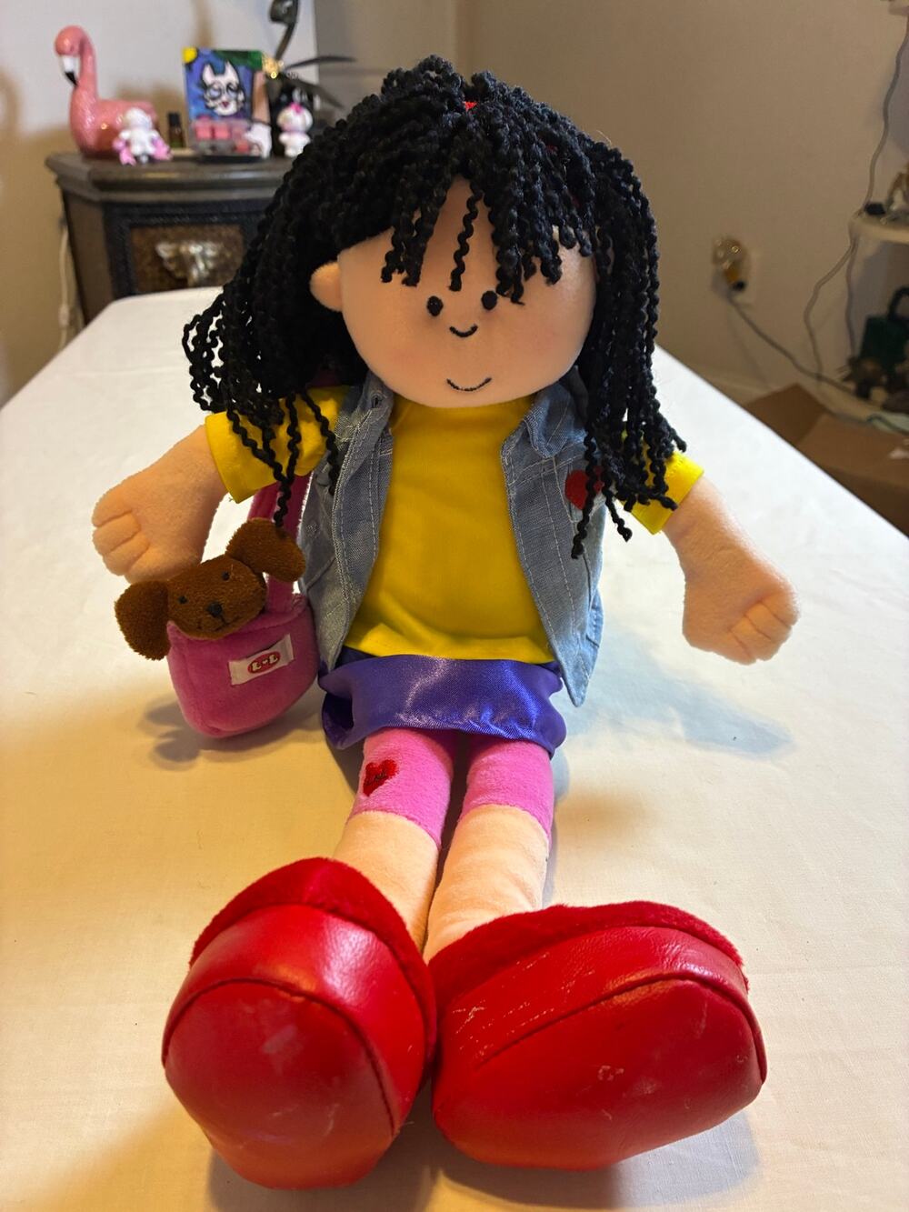Vintage 1999 Language Littles Plush Doll 18" Girl Black Yarn Hair Purse PupToy